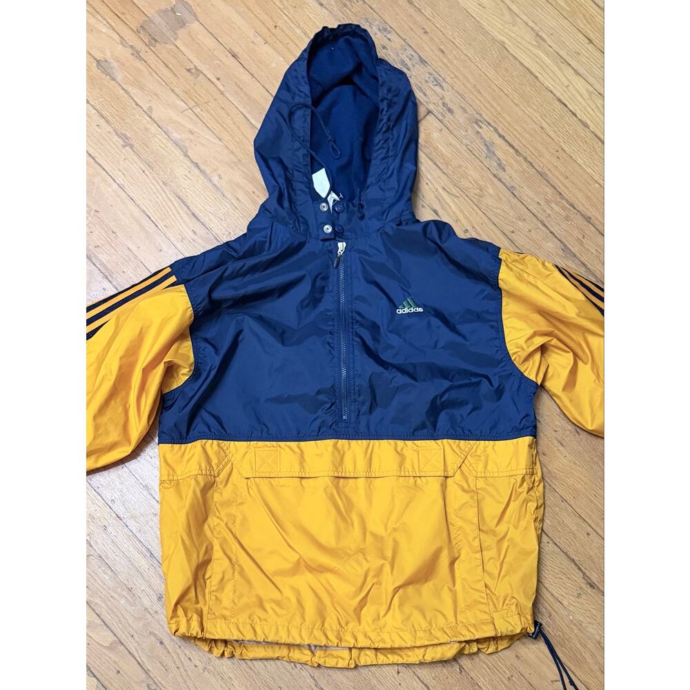 Vintage Adidas Hooded Pullover Windbreaker Jacket Navy Gold Yellow Retro 90s
